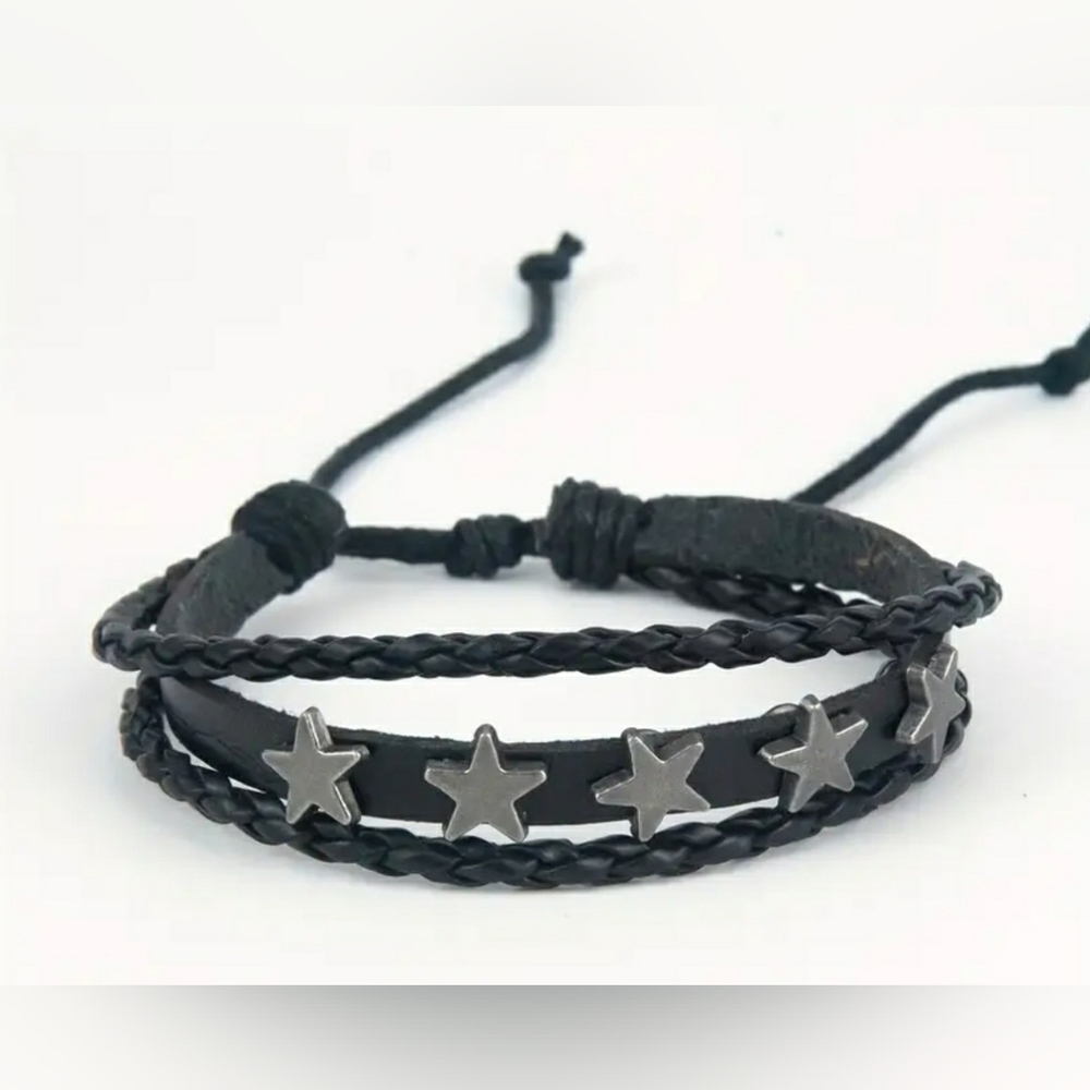 Black Braided Bracelet with Silver Stars